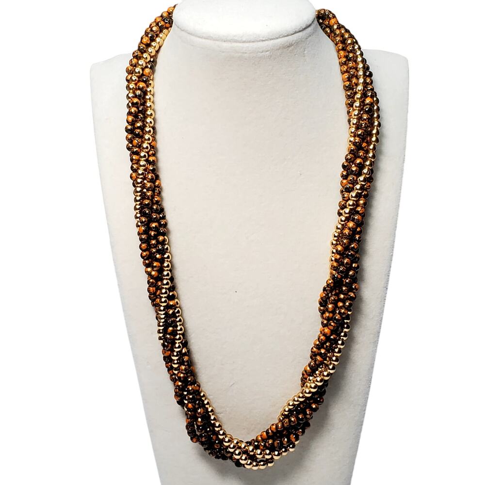 Retro Multi Strand Brown Beaded Twist Necklace Unsigned 18" Vtg